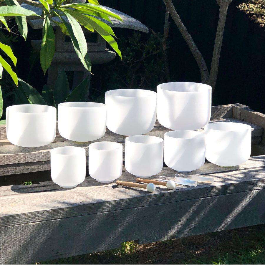 Set of 9 White Sound Therapy Bowls in Beige Carry-On Cases