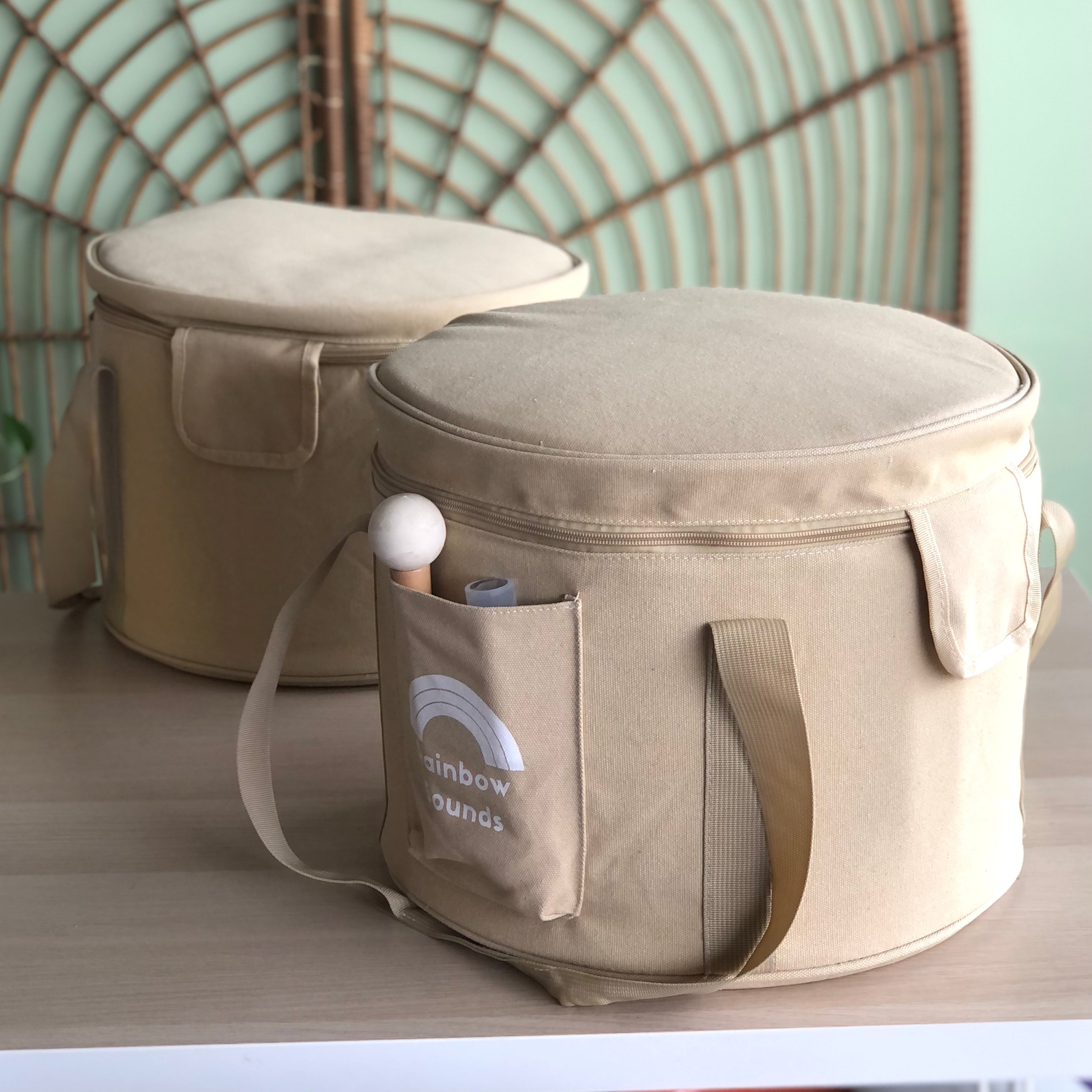 2 x Beige Carry Cases with Nesting Pouches (Holds Set of 7 Rainbow Sounds Sound Therapy Bowls)