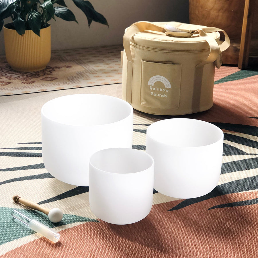 SHARP NOTES | Set of 3 White Sound Therapy Bowls in Beige Carry-On Case