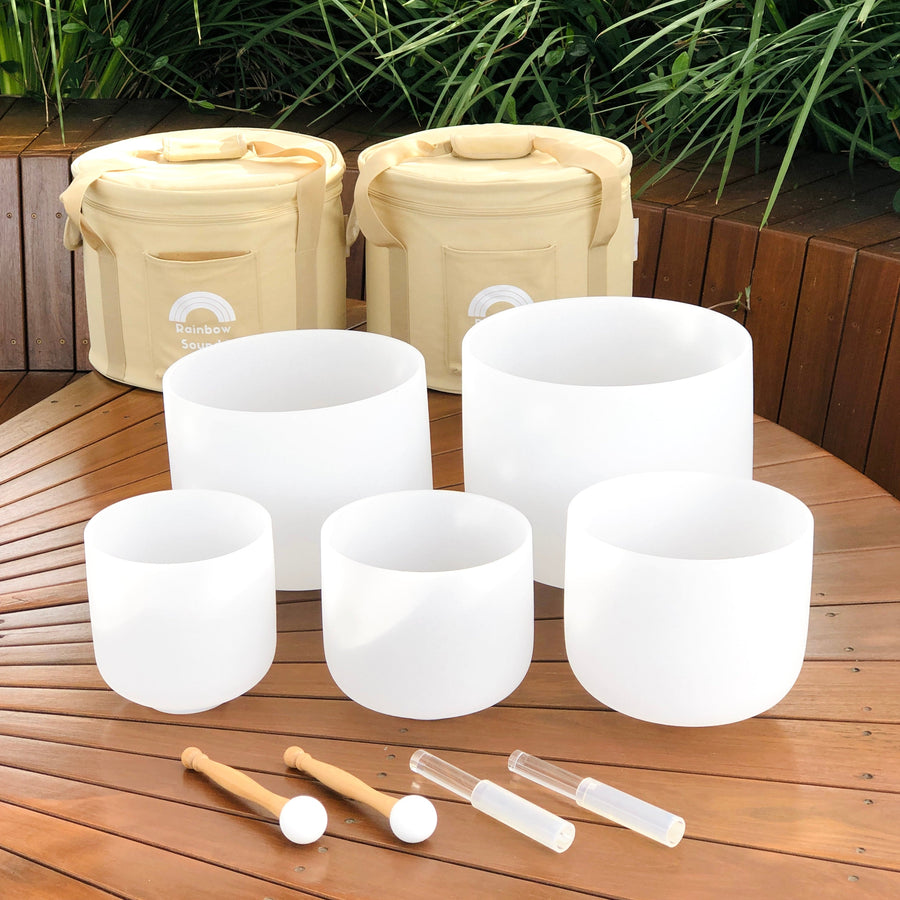 SHARP NOTES | Set of 5 White Sound Therapy Bowls in Beige Carry-On Cases