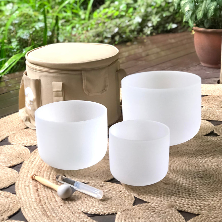 Set of 3 White Crystal Sound Bowls Set with Beige Bag