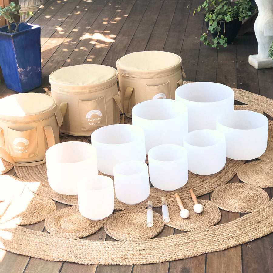 Set of 9 White Sound Therapy Bowls in Beige Carry-On Cases