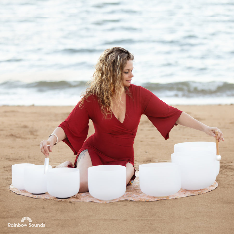 Set of 7 White Sound Therapy Bowls in Beige Carry-On Cases