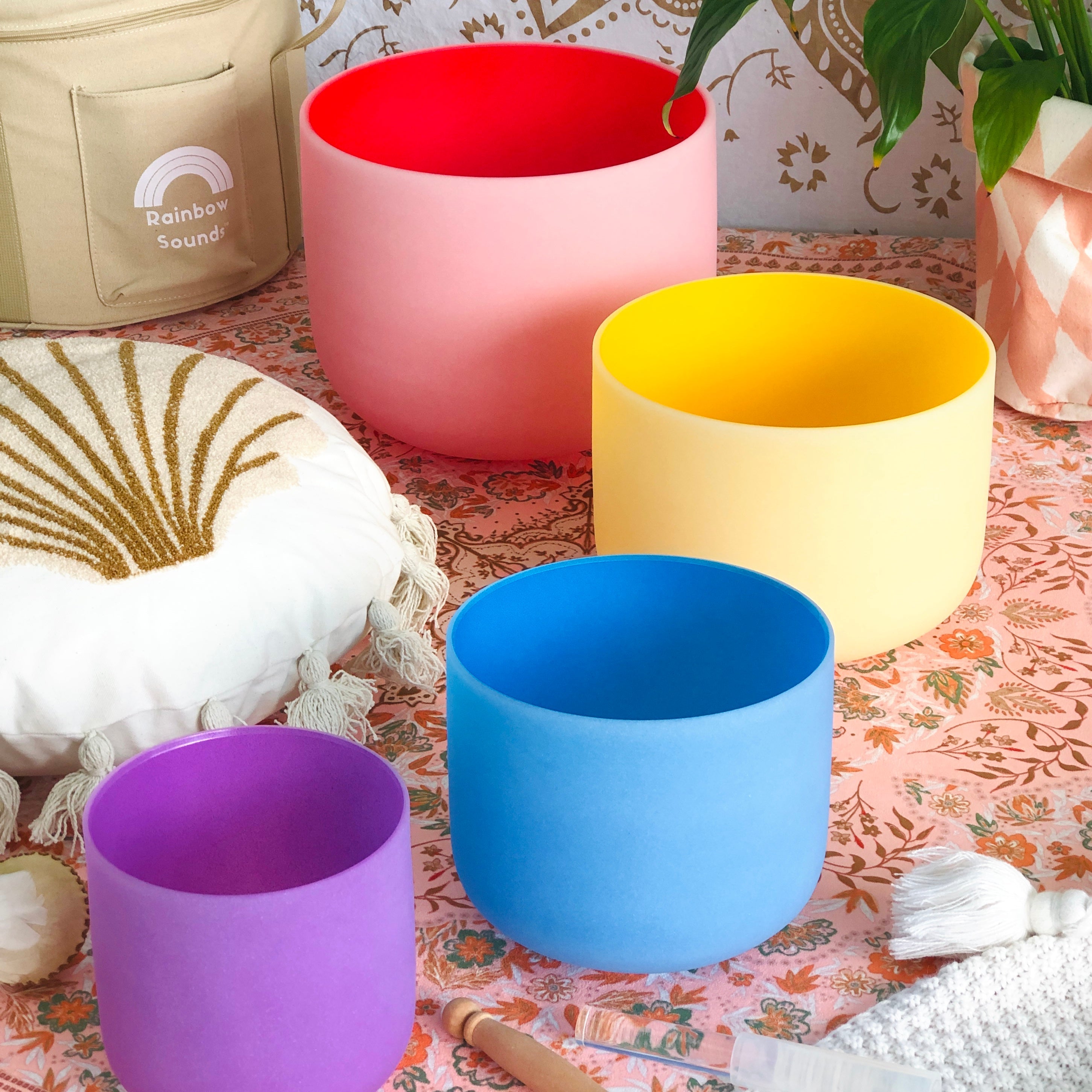 Set of 4 Rainbow Color Sound Therapy Bowls in Beige Carry-On Case