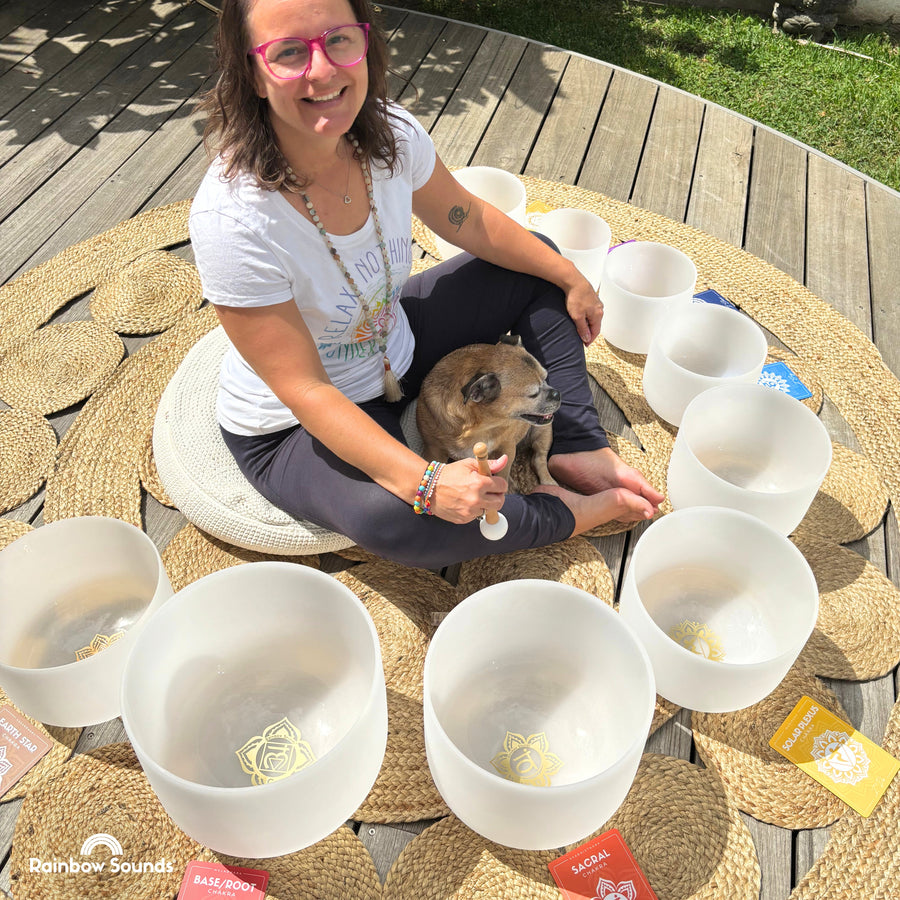 Set of 9 White Sound Therapy Bowls in Beige Carry-On Cases