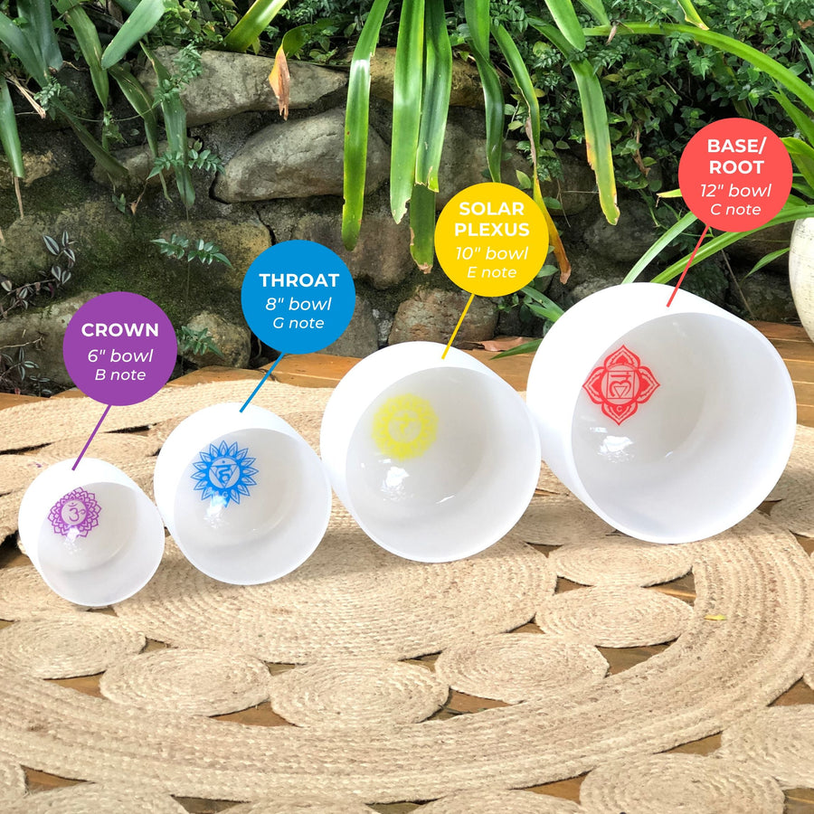 Set of 4 White Sound Therapy Bowls in Beige Carry Case