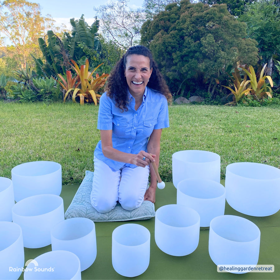 Set of 9 White Sound Therapy Bowls in Beige Carry-On Cases